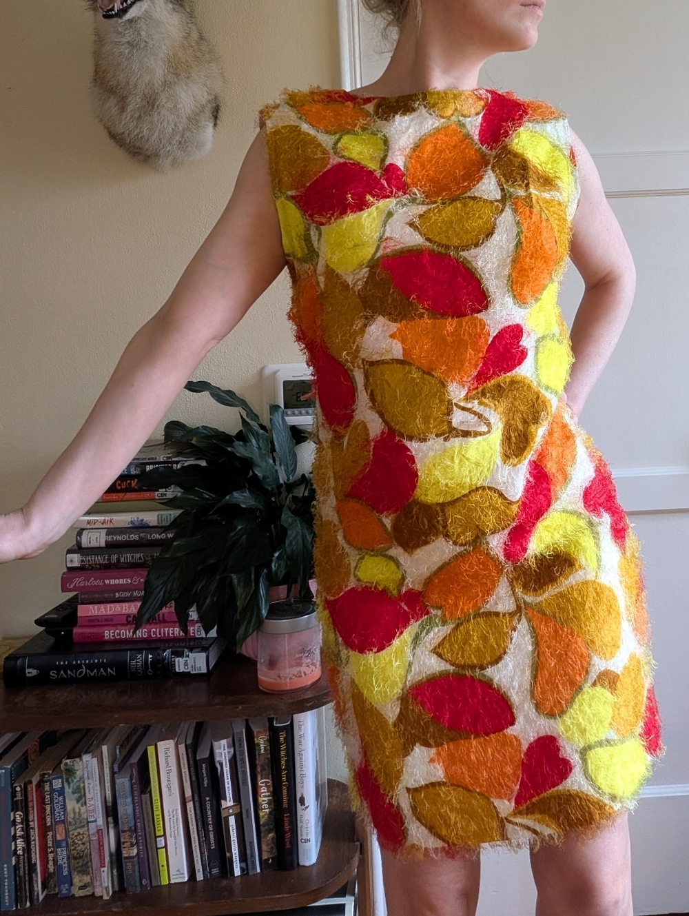 Vintage Multicolor Leaf Shift Dress - Yellow/Orange/Red